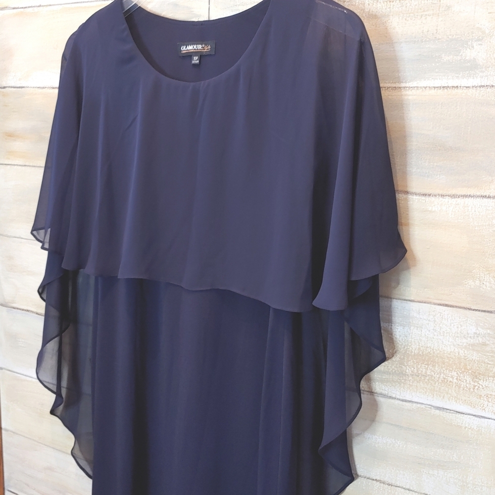 Glamour night women party wedding sheer capelet navy formal dress size 10P NWOT